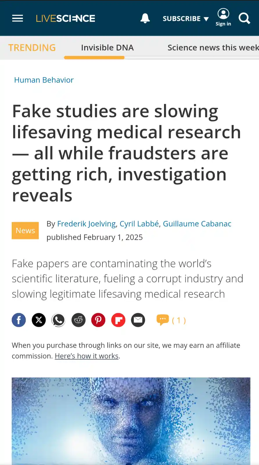 A screenshot of a Live Science news article titled 'Fake studies are slowing lifesaving medical research — all while…