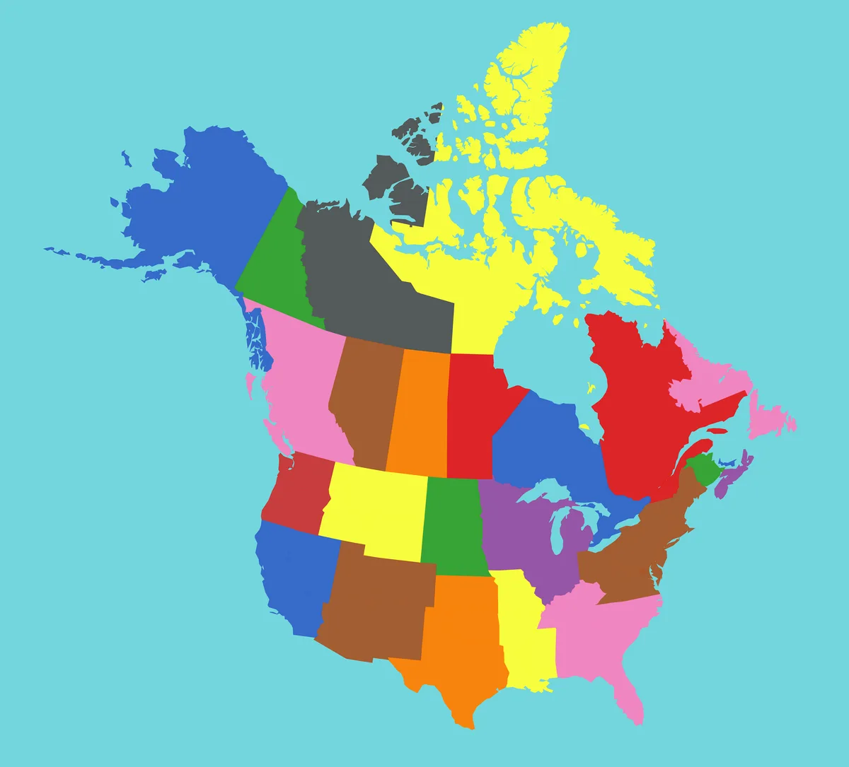 A stylized map of North America showing the contiguous United States and Canada, with each state and province colored in a…