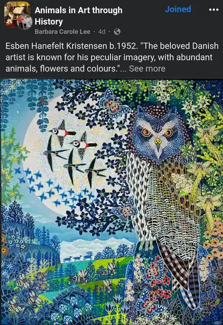 A vibrant, stylized painting by Danish artist Esben Hanefelt Kristensen features a large blue owl with intricate feather…