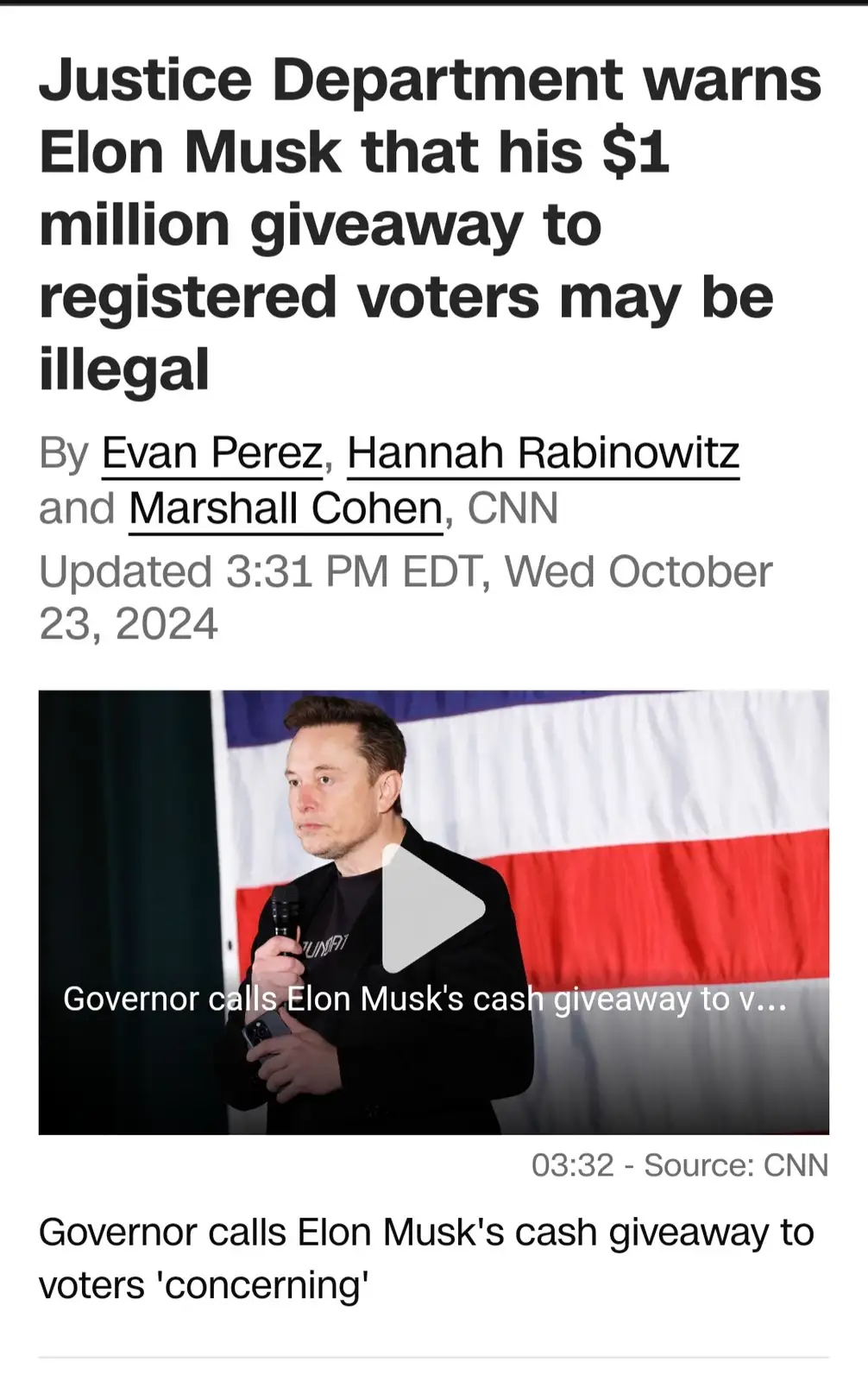 A screenshot of a CNN news article with a headline about the Justice Department warning Elon Musk that his $1 million…