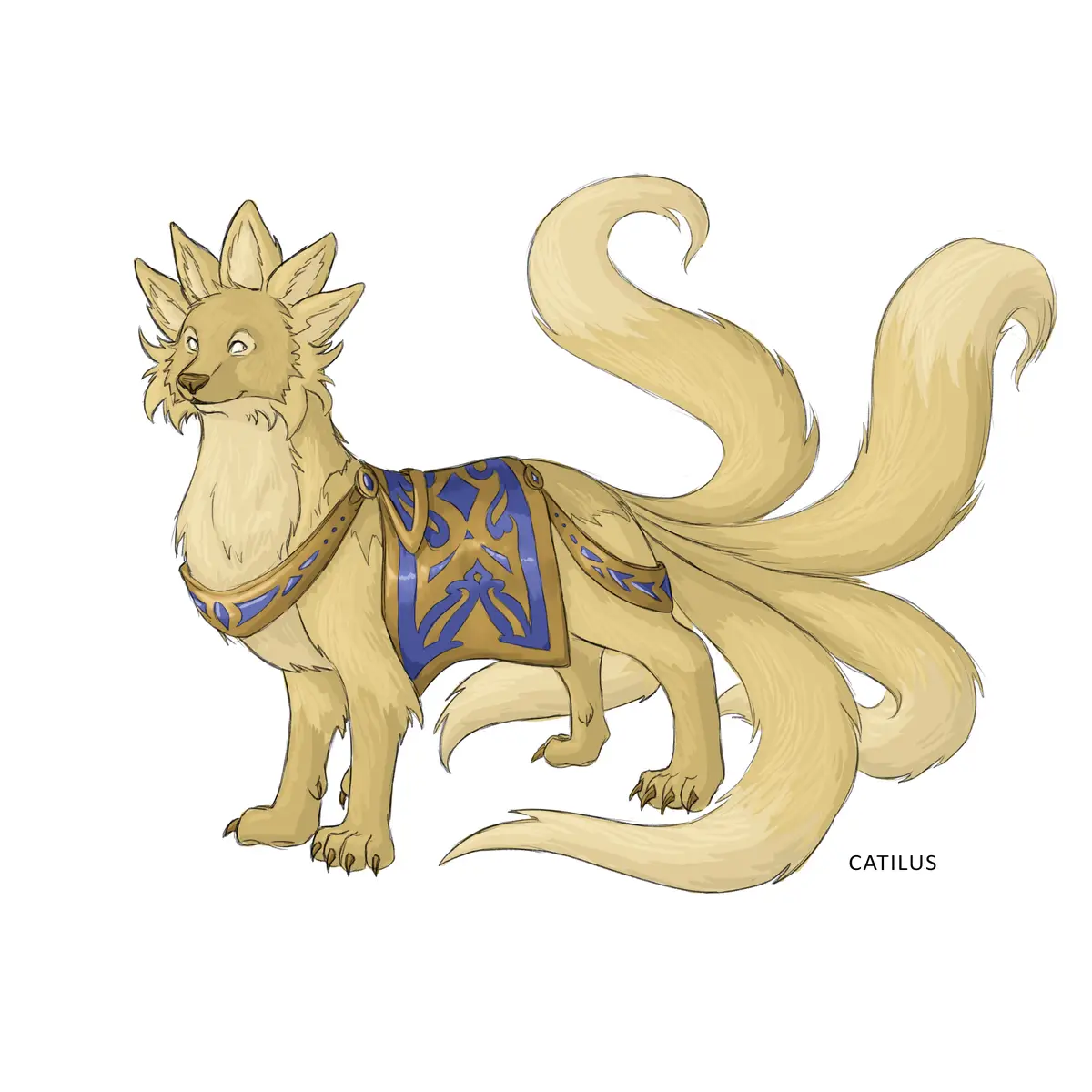 A cartoon illustration of a tan, fox-like creature with multiple long, flowing tails and spiky ears, wearing a blue and gold…