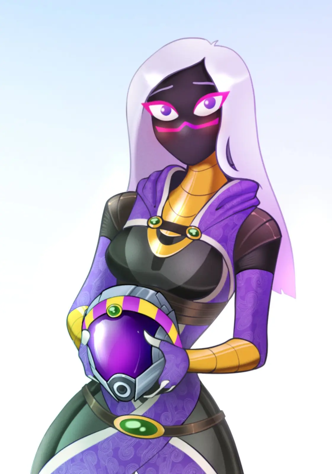 An animated female character with long white hair, a black mask with pink outlines, and a purple and gold outfit is holding…