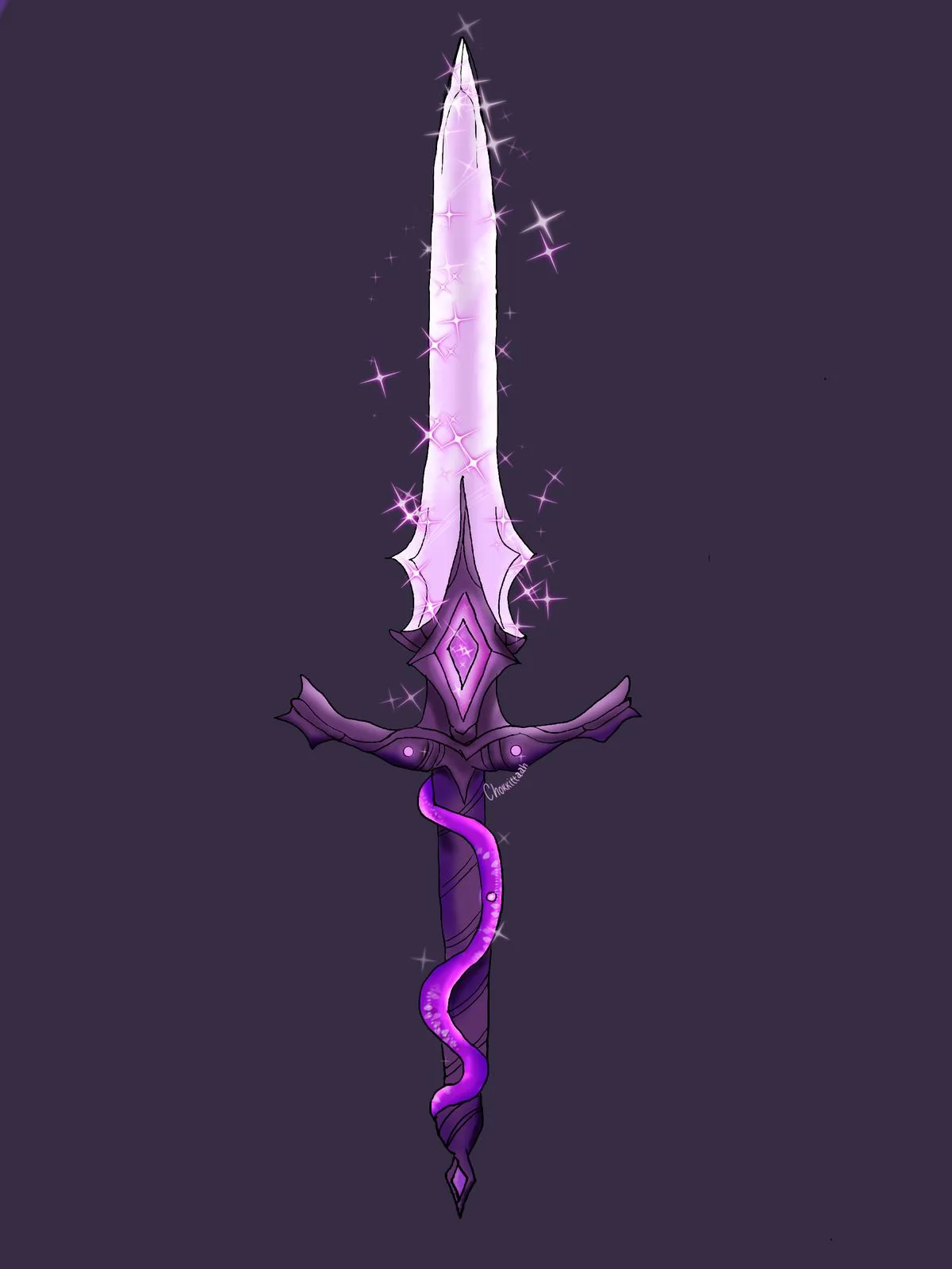 A stylized, glowing purple sword with a sparkling blade and ornate hilt, set against a dark background. The overlaid text…