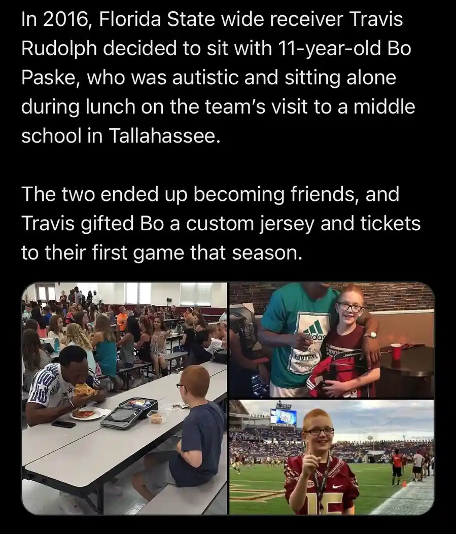 A three-panel image shows Florida State football player Travis Rudolph sitting at lunch with an autistic boy, Bo Paske, in a…