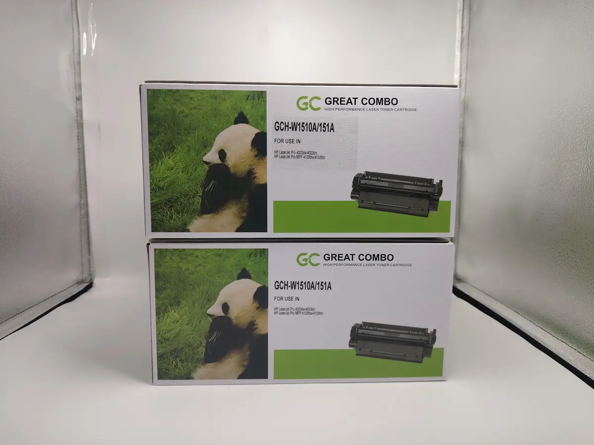 Two identical boxes of 'Great Combo' brand laser toner cartridges are stacked, each featuring a picture of a panda on the…