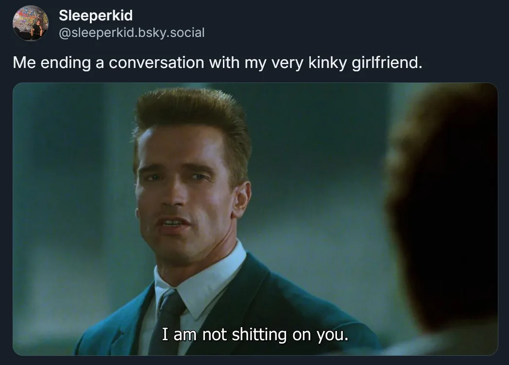 A screenshot of a social media post by 'Sleeperkid' showing Arnold Schwarzenegger from the movie 'Terminator 2' looking…