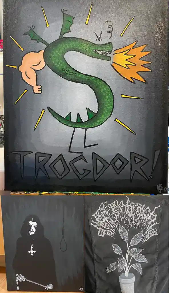 A canvas painting depicts a green dragon shaped like the letter 'S', breathing fire and holding a human torso, with 'V.3'…