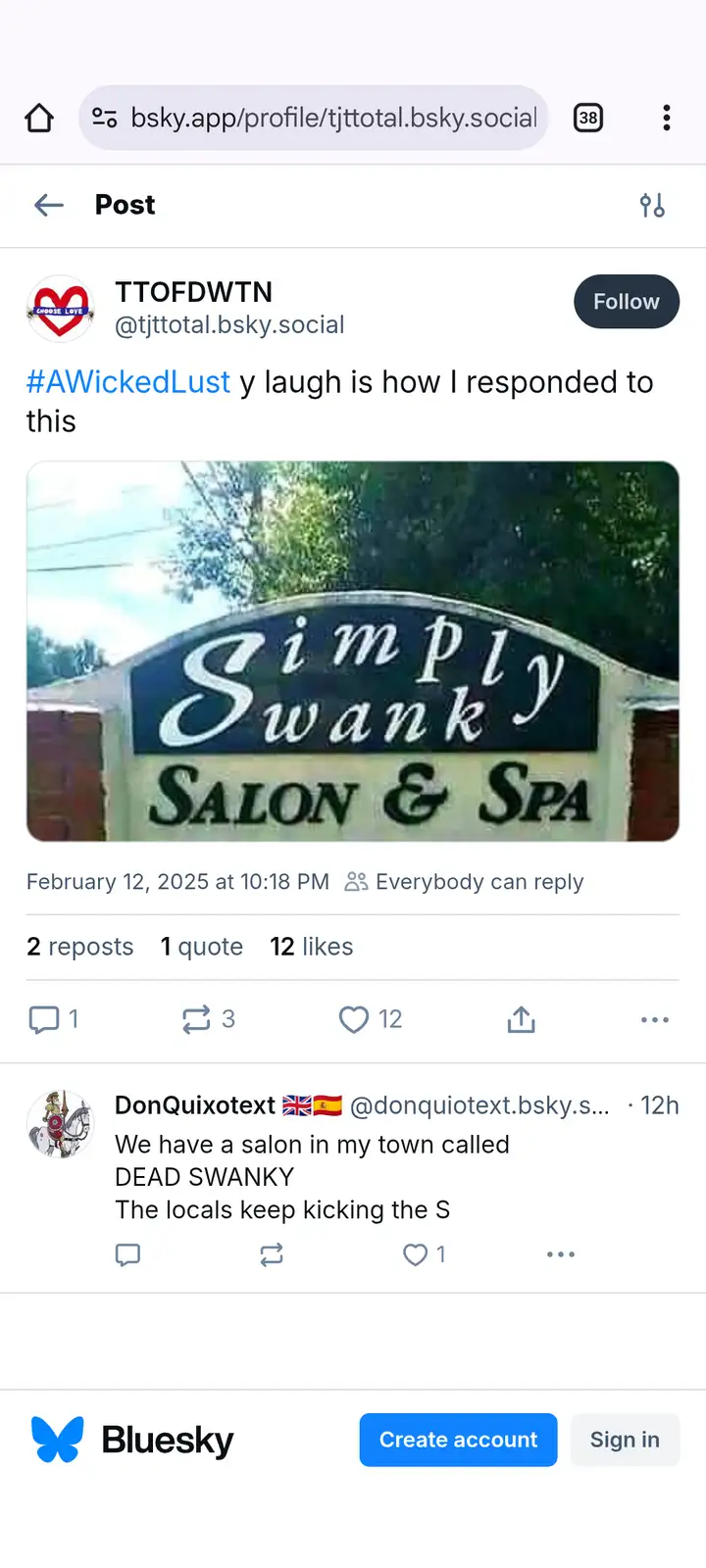 A screenshot of a Bluesky post showing a photo of a sign that reads 'Simply Swank SALON & SPA'. The post's caption says 'y…