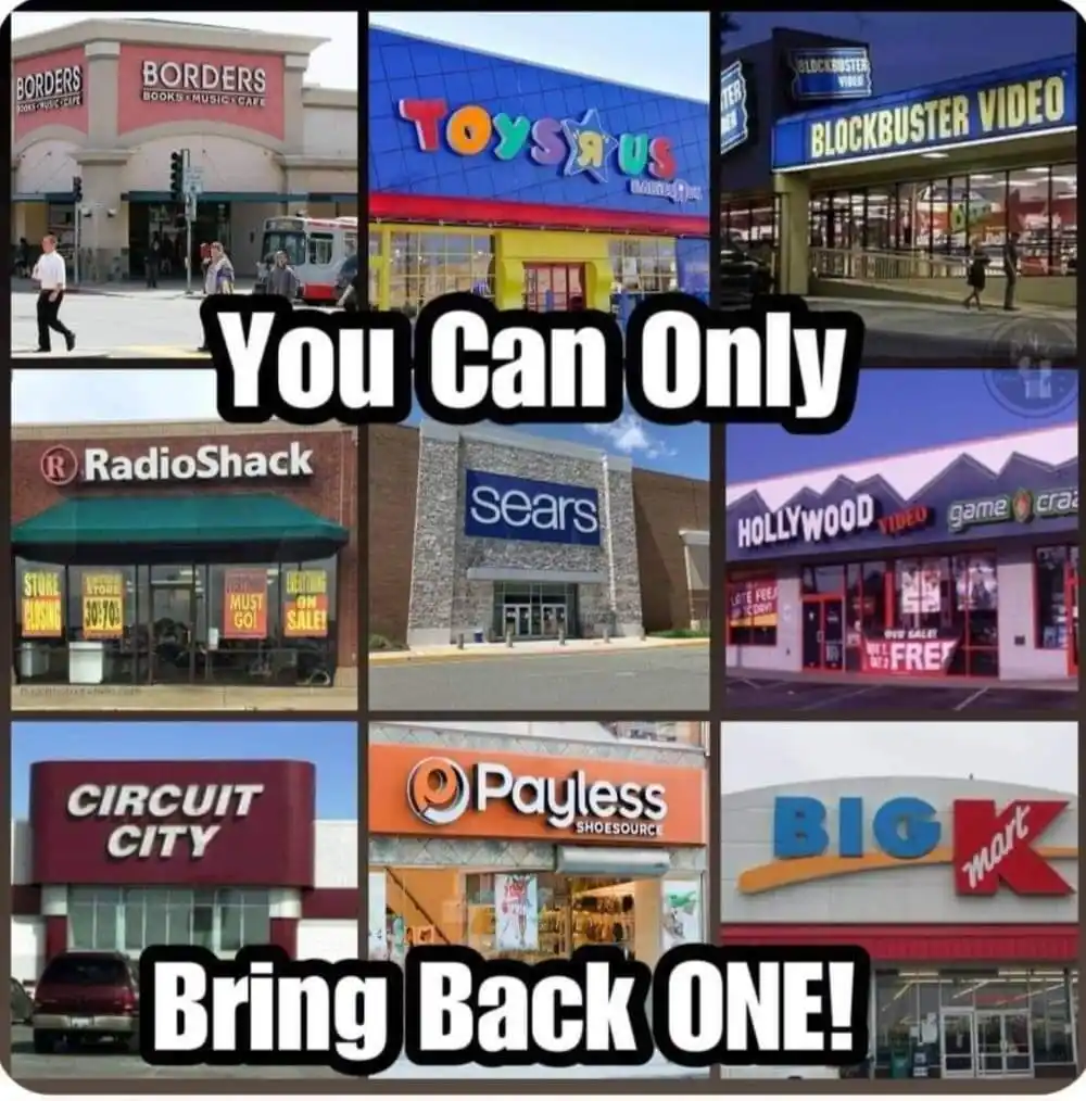 A collage of nine photos showing the exteriors of now-defunct retail stores including Borders, Toys R Us, Blockbuster…