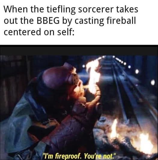 A bald tiefling sorcerer in dark armor is shown casting a fireball spell in a dimly lit, stone-walled corridor. The spell's…