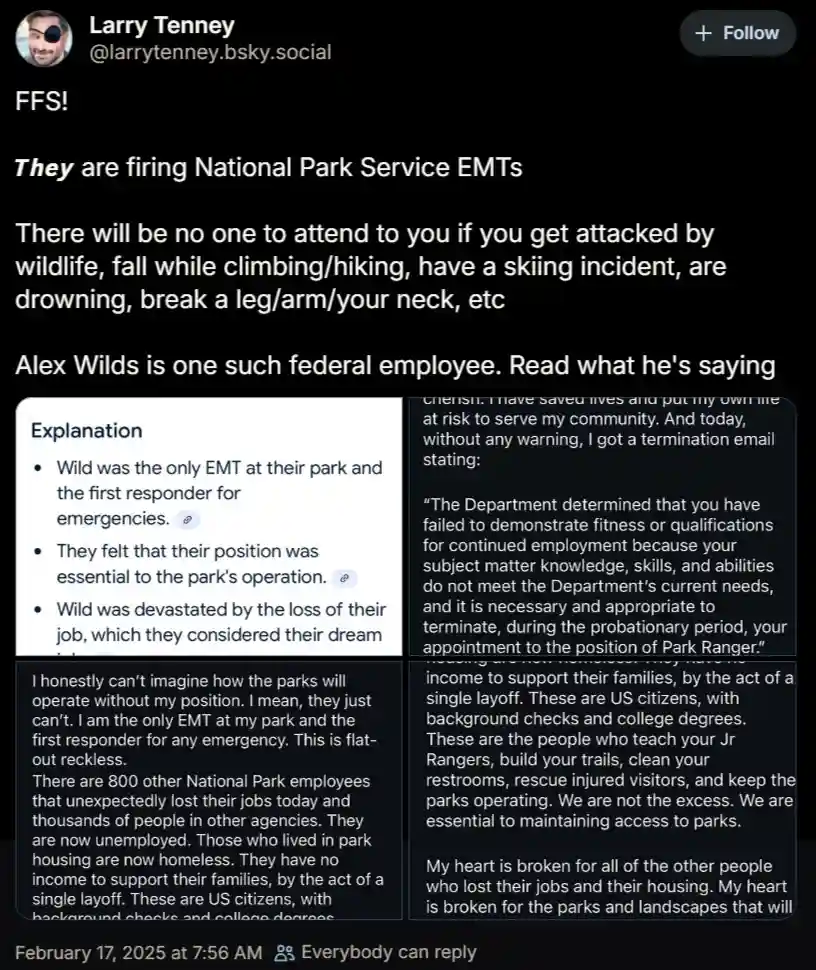 A screenshot of a social media post by Larry Tenney detailing the firing of National Park Service EMTs, including Alex…