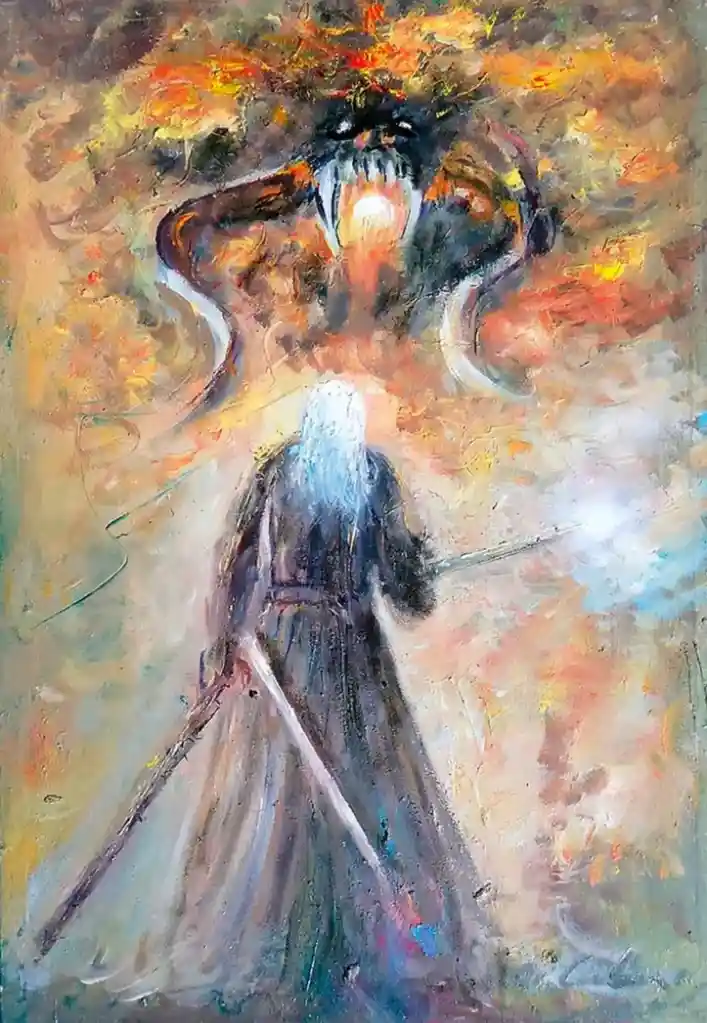 A painterly image shows a figure in a dark robe with white hair, holding a sword, facing a monstrous, multi-limbed creature…