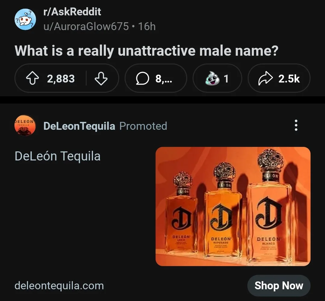 A screenshot of a Reddit post from r/AskReddit asking 'What is a really unattractive male name?' with a promoted…