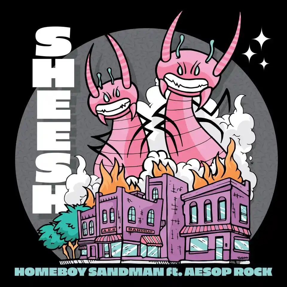 A cartoon illustration shows two pink, horned, insect-like monsters with angry expressions standing atop a burning purple…