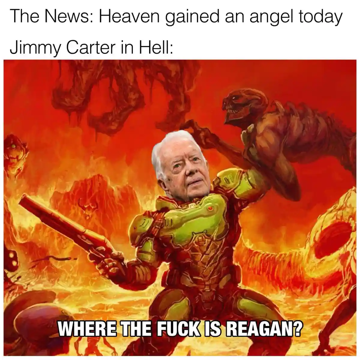 An image shows an elderly man with white hair, identified as Jimmy Carter, superimposed onto a character from the game Doom…