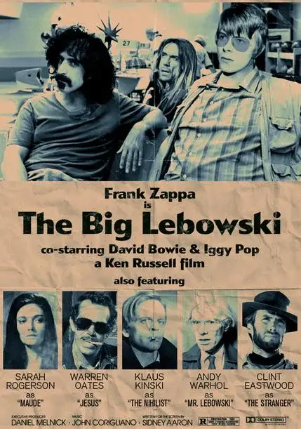 A parody movie poster for 'The Big Lebowski' humorously reimagines the cast with famous musicians and actors like Frank…