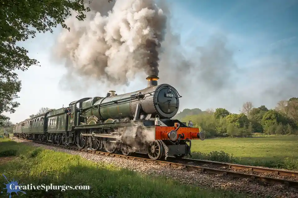 A vintage green steam locomotive, numbered 6989, emits thick smoke as it travels along tracks through a grassy field under a…