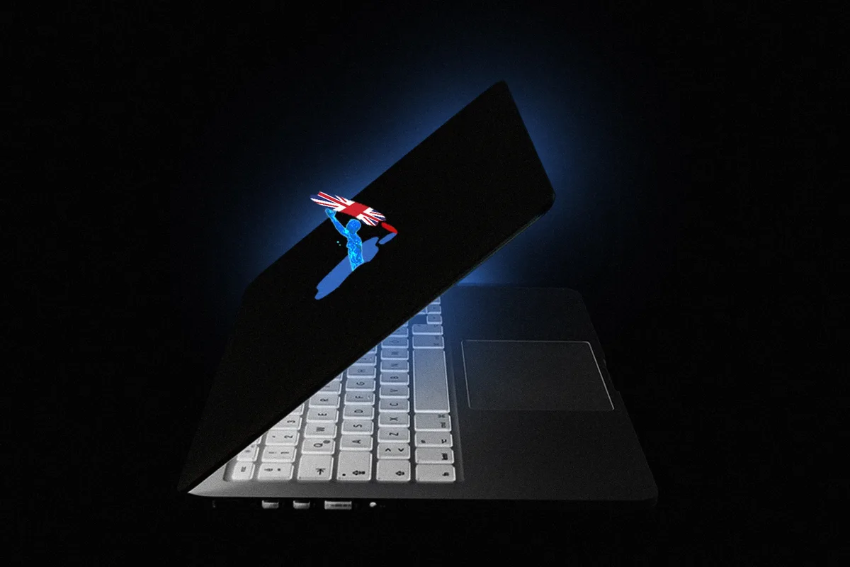 A laptop is shown at an angle against a dark background, its screen displaying a blue silhouette of a person holding a Union…