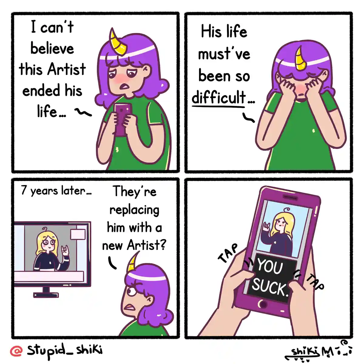 A four-panel comic shows a purple-haired girl reacting to news of an artist's death with sympathy, then seven years later…