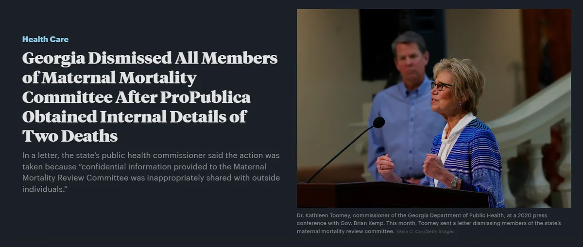 A news article screenshot shows Dr. Kathleen Toomey speaking at a podium with Gov. Brian Kemp behind her. The headline reads…
