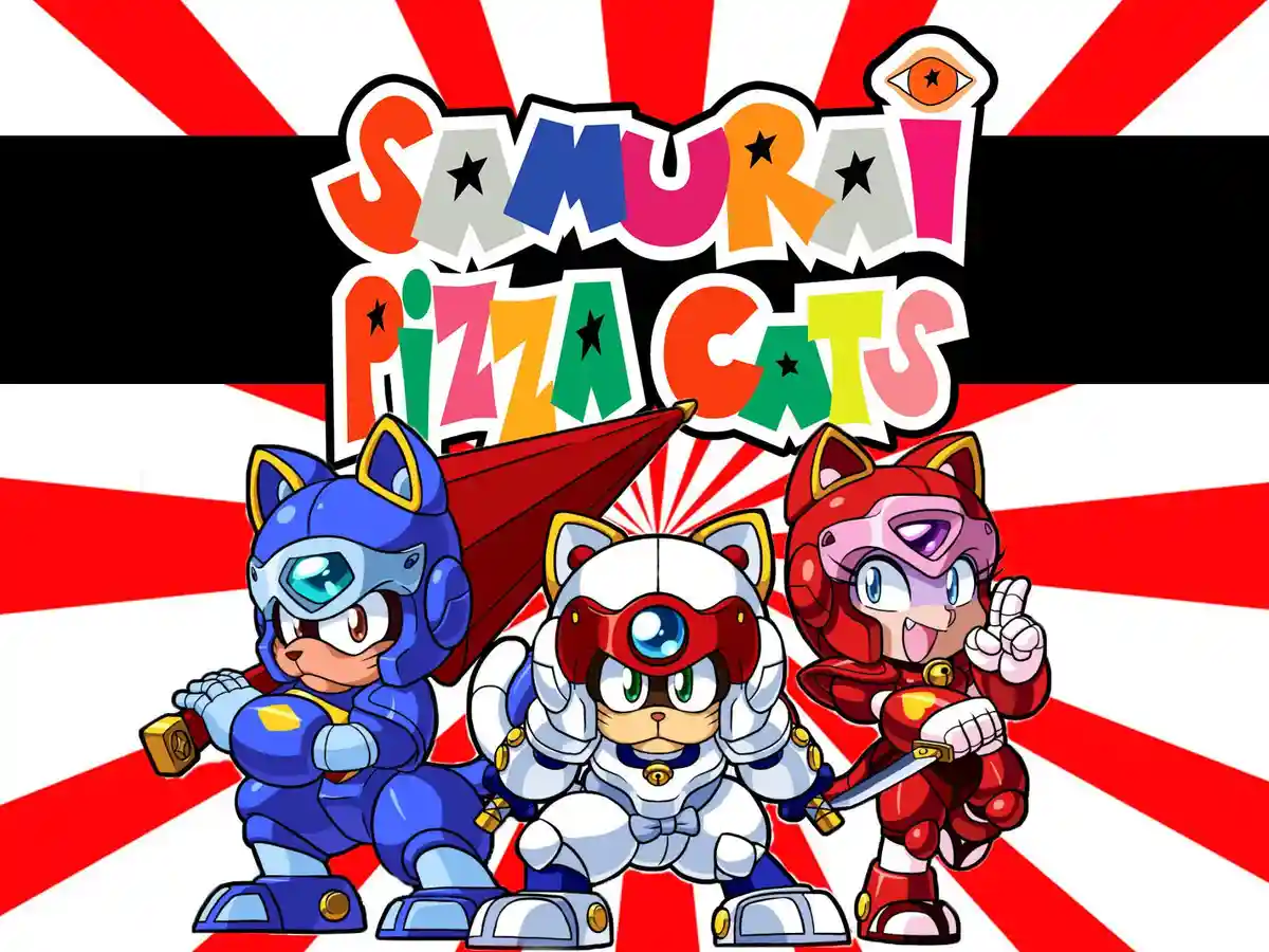 The image displays three cartoon cat characters in futuristic armor posing heroically against a red and white sunburst…