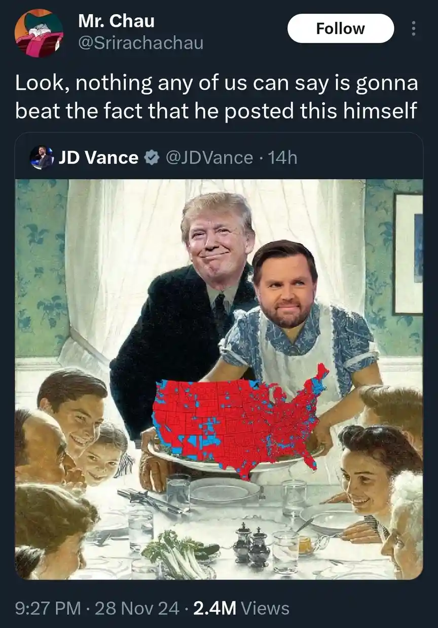 The image is a digitally altered version of the famous 'The Thanksgiving Meal' painting, where Donald Trump and JD Vance…