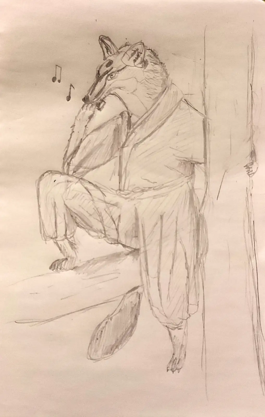 A pencil sketch depicts an anthropomorphic fox wearing a suit and sitting on a bench, with musical notes floating near its…