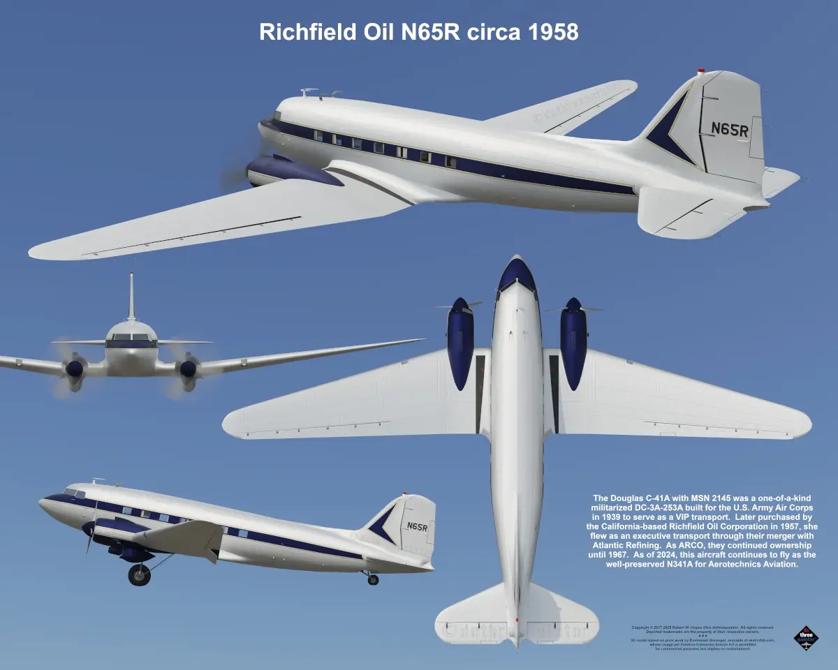 The image displays a vintage Douglas C-41A aircraft, registration N65R, shown from four different angles against a clear…