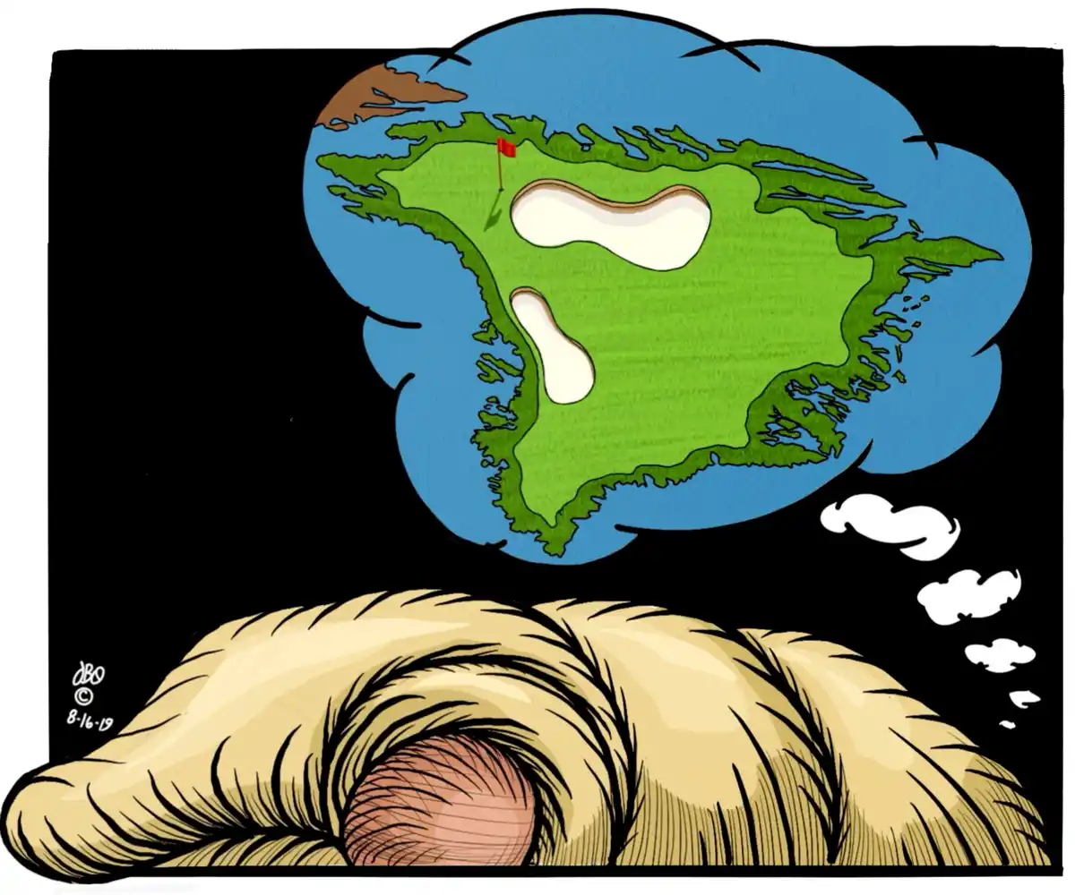 A cartoon depicts a person with blonde hair sleeping, with a thought bubble above their head showing a golf course shaped…