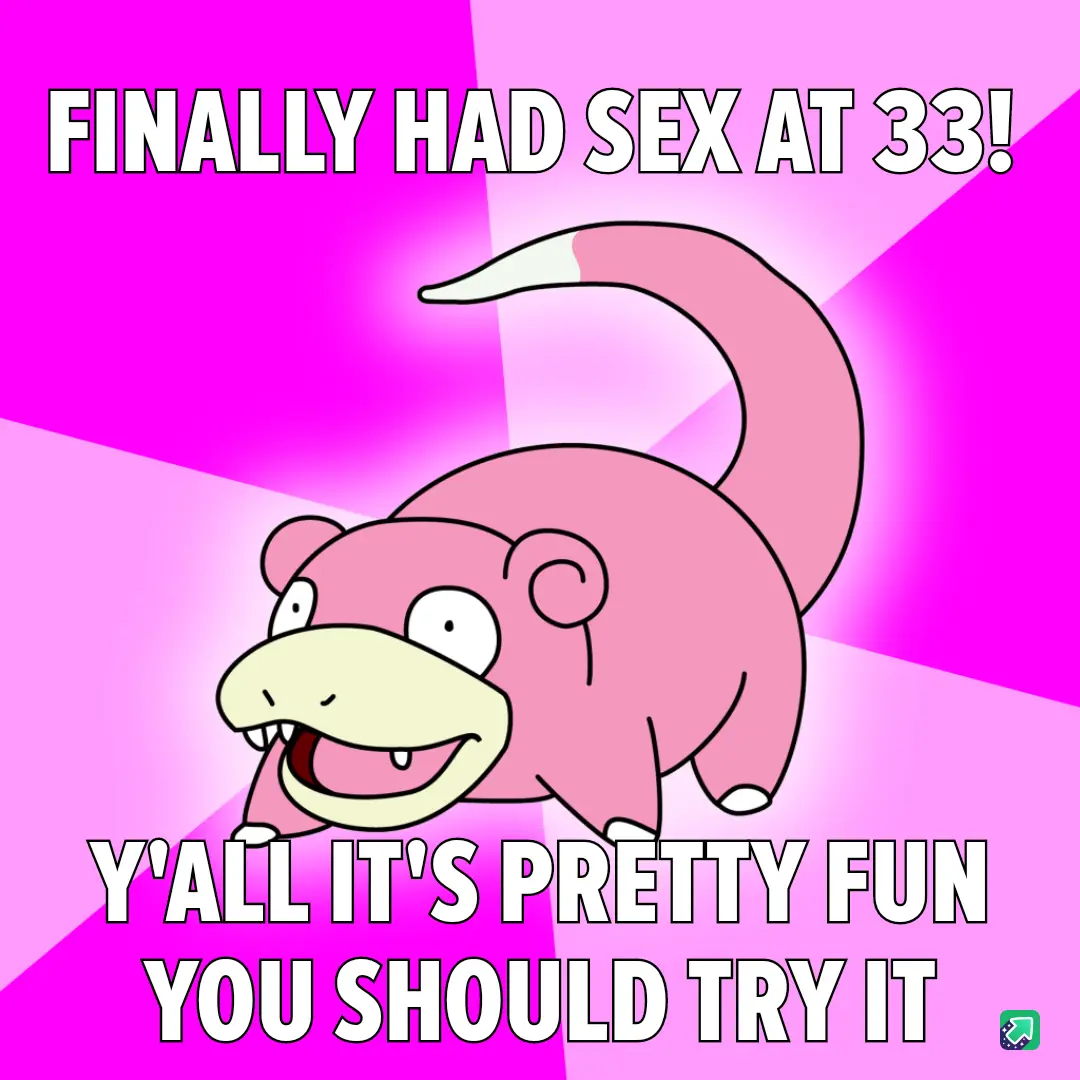 A pink cartoon Pokémon, Slowpoke, is shown against a bright pink and magenta background with radiating lines. The text at…