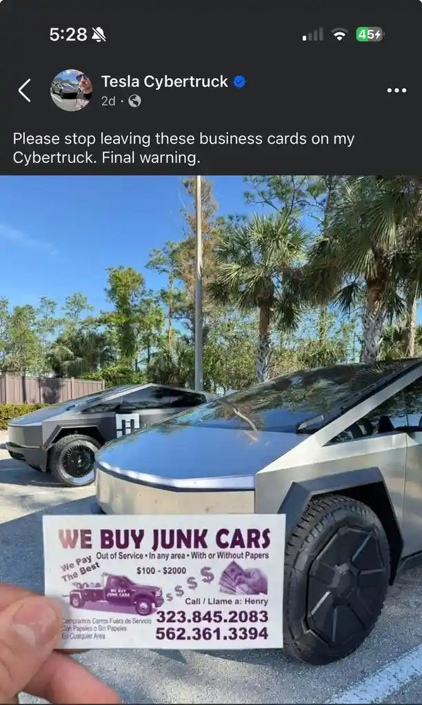 A screenshot of a social media post from 'Tesla Cybertruck' shows two silver Tesla Cybertrucks parked outdoors under a blue…