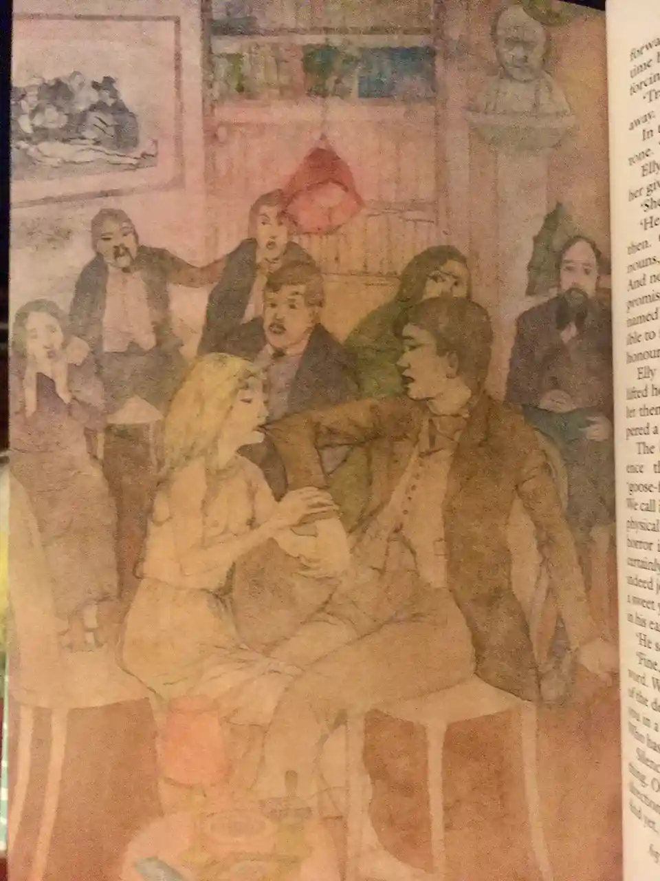 A vintage-style illustration depicts a dramatic scene from a novel, showing a man and woman seated intimately while several…