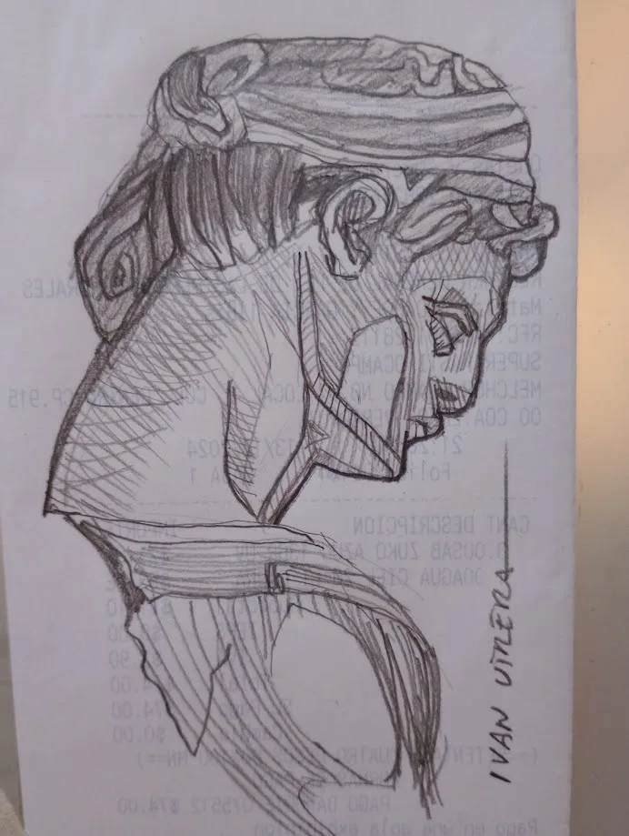 A pencil sketch of a person's head and shoulders, drawn in profile, wearing a head covering and a scarf or collar. The paper…