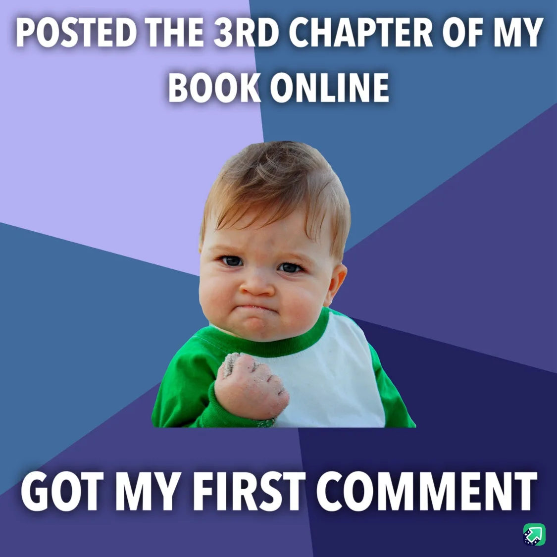 A baby with a pouting, defiant expression wearing a green and white shirt, set against a geometric purple and blue…