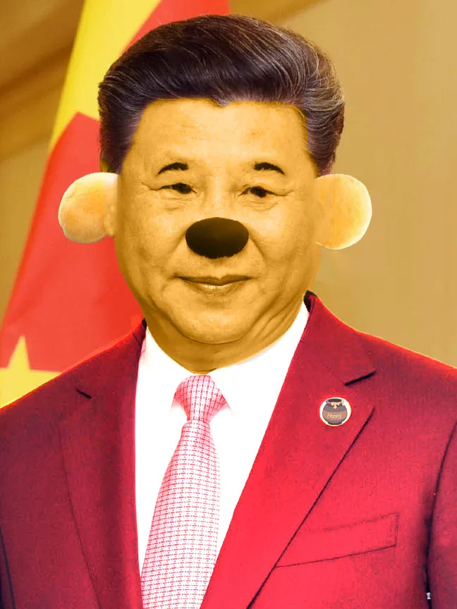 A digitally altered portrait of a man in a red suit and tie, with a Chinese flag visible behind him, has been edited to…