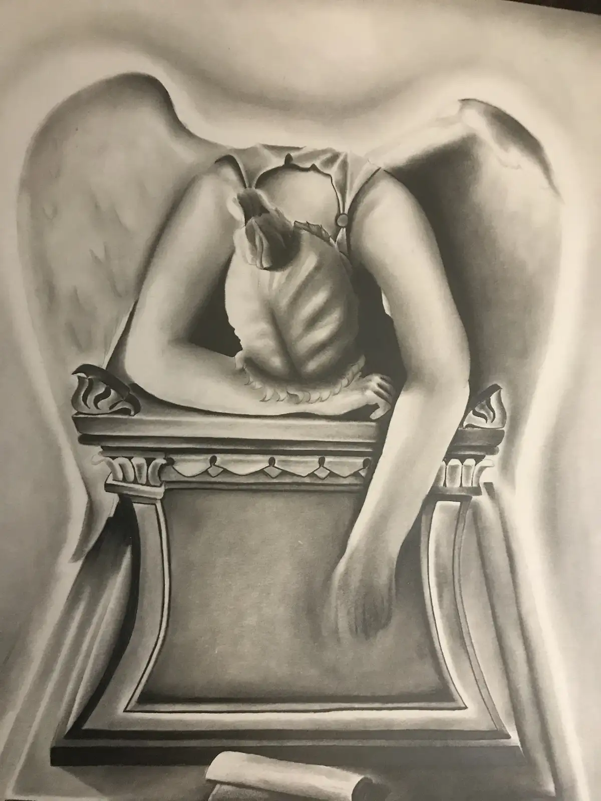 A black-and-white pencil drawing depicts a figure with large, flowing wings, seated on an ornate, classical-style throne…
