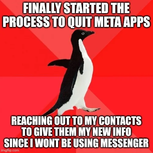 A black-and-white penguin stands against a red background with bold white text. The top text reads 'FINALLY STARTED THE…