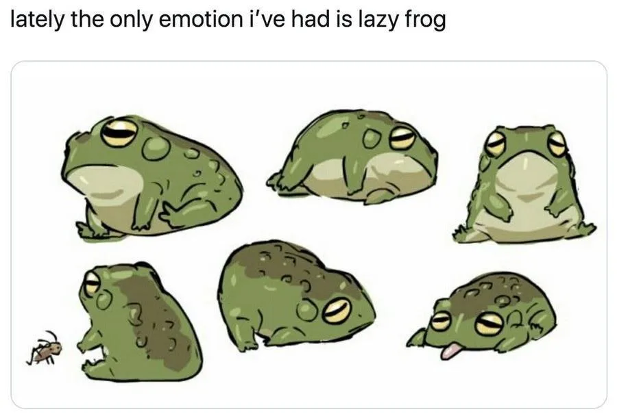 The image displays six cartoon illustrations of a green, round frog in various lazy poses: sitting upright, lying down…