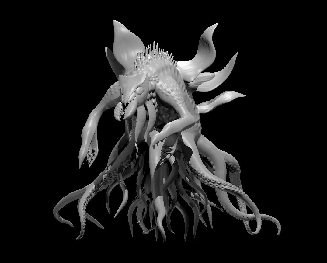A grayscale 3D model of a monstrous, multi-limbed creature with tentacles, spiky protrusions, and wing-like appendages…