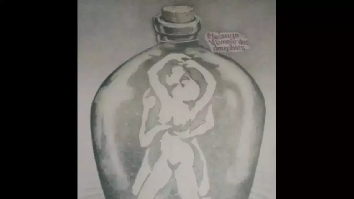 A vintage-style illustration shows a glass bottle with a cork stopper, featuring a white silhouette of two nude figures…