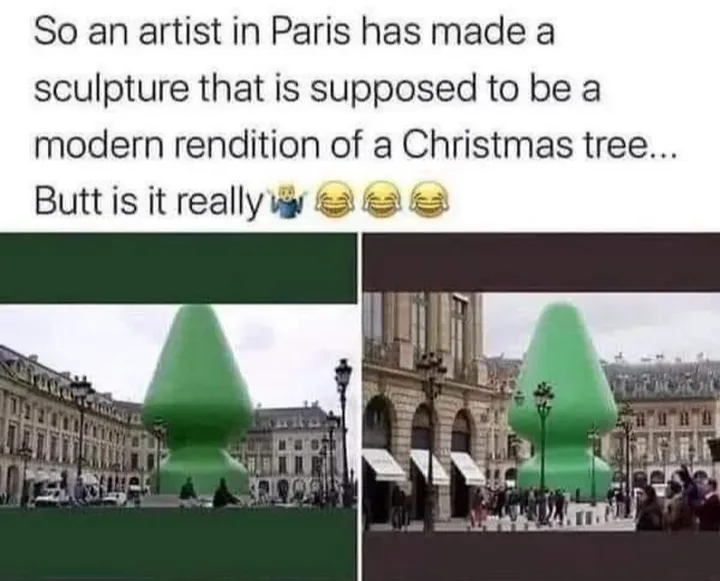 The image displays two side-by-side photos of a large, green, cone-shaped sculpture in a Parisian plaza, surrounded by…