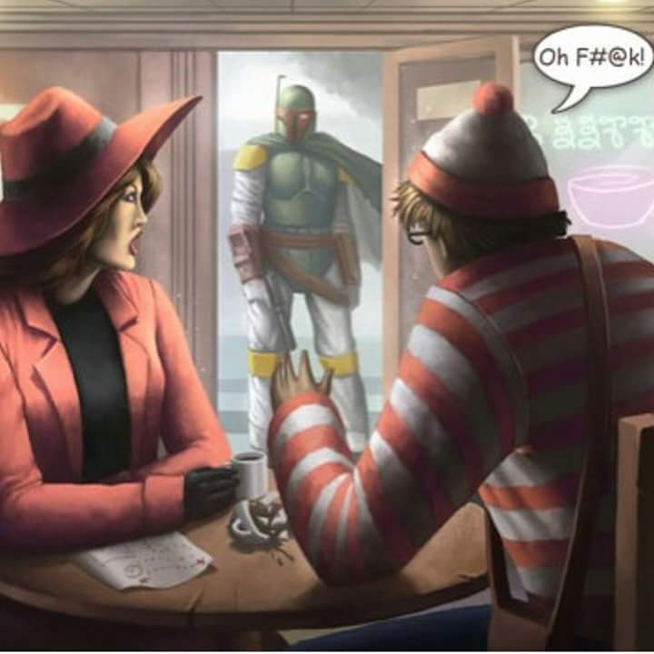 A man in a red-and-white striped shirt and a red-and-white beanie sits at a table with a woman in a red hat and red jacket…