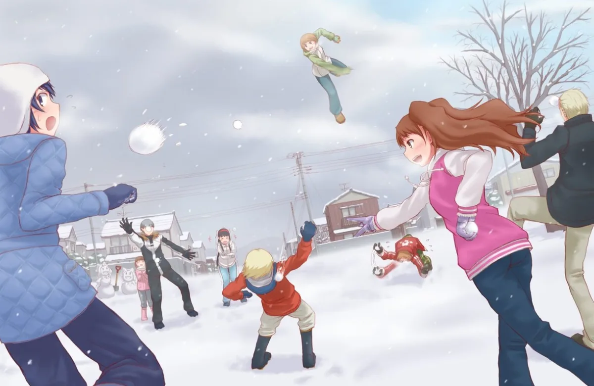An anime-style illustration shows a chaotic snowball fight in a snowy suburban neighborhood with multiple characters in…
