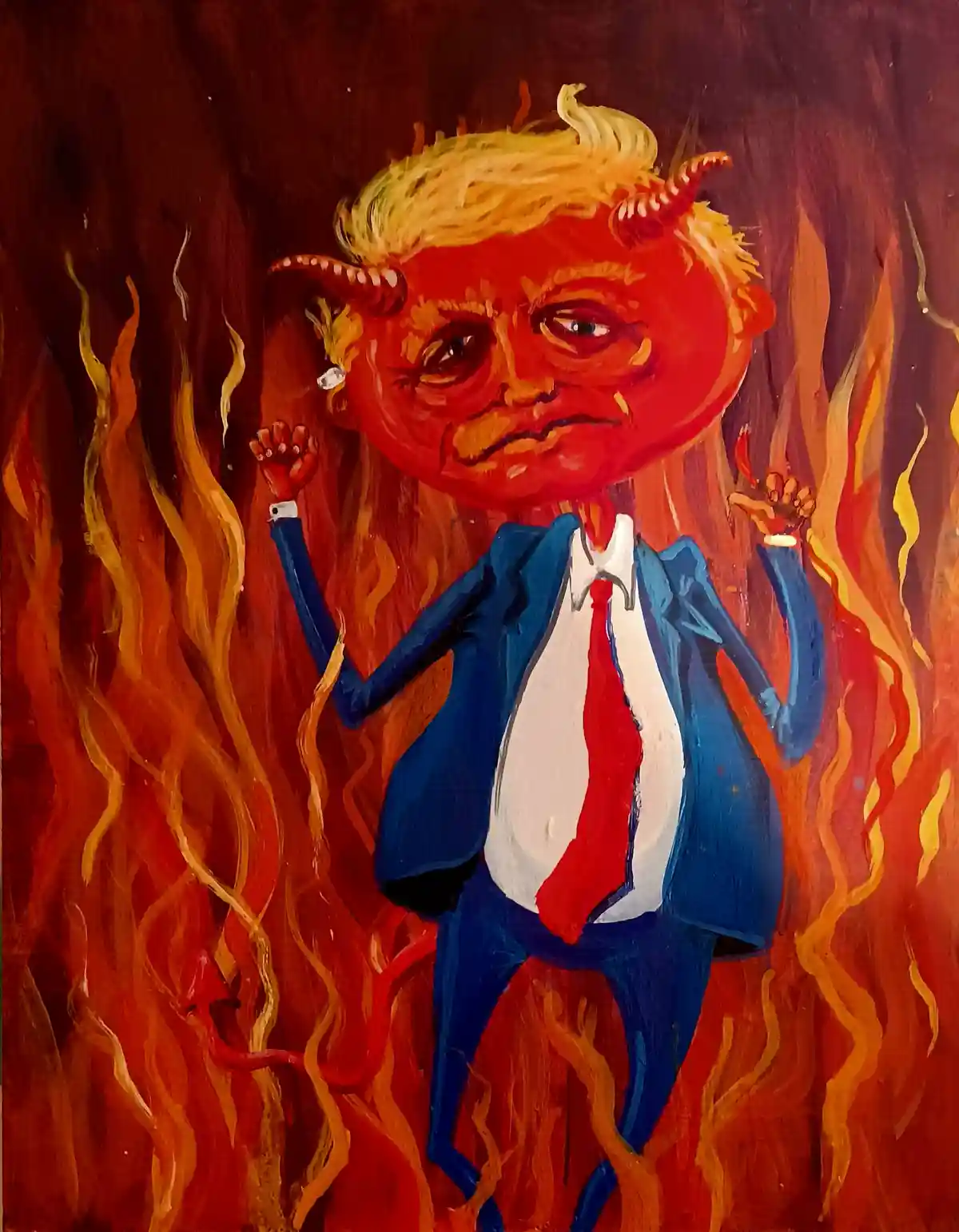 A painted cartoonish figure with red skin, horns, and blonde hair resembling Donald Trump, wearing a blue suit, white shirt…