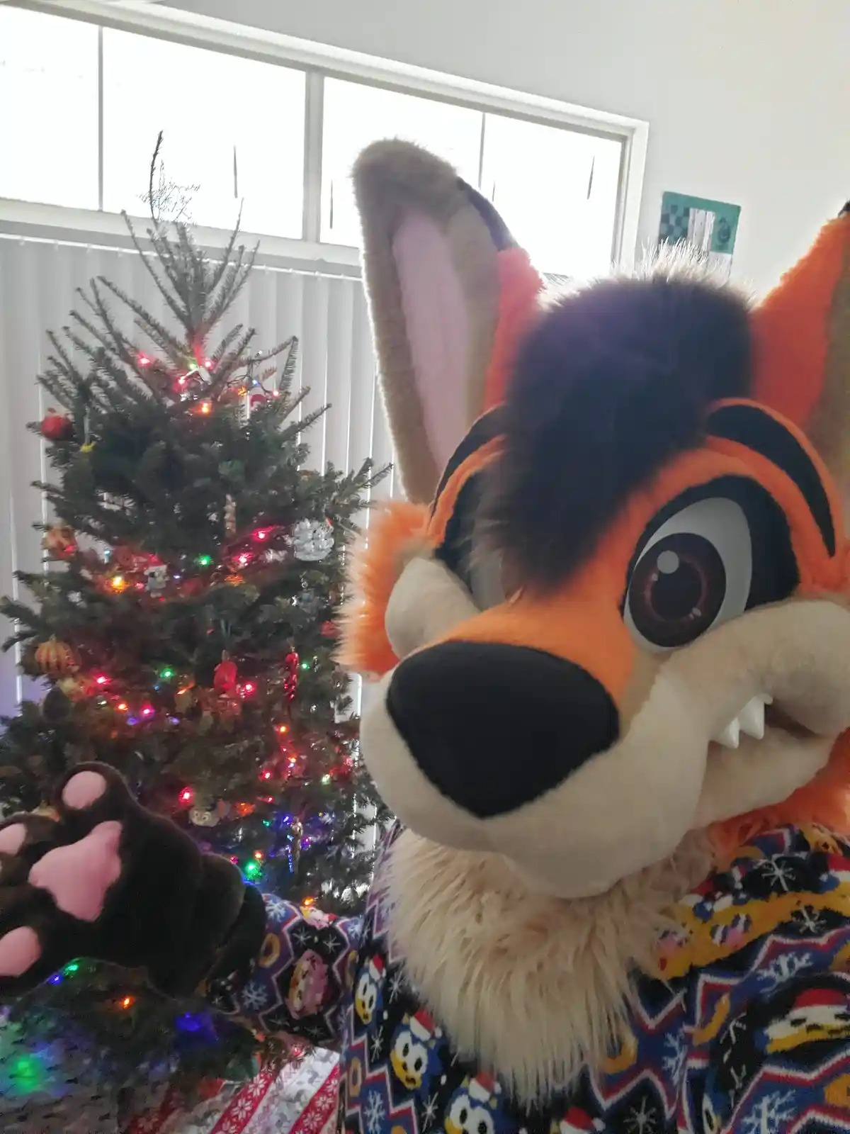 A person in a fursuit resembling a fox with orange and black markings and large ears is shown in a close-up, wearing a…