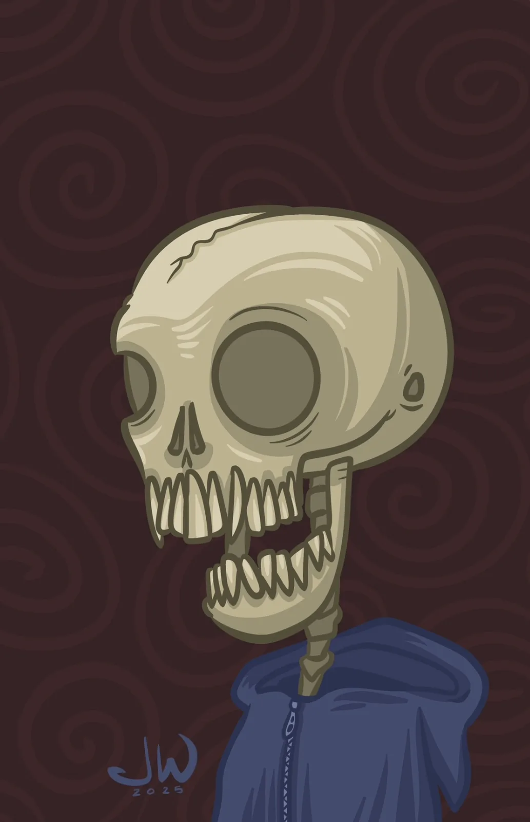 A cartoon skull with a cracked forehead and wide, toothy grin wears a blue zip-up hoodie against a dark brown swirling…
