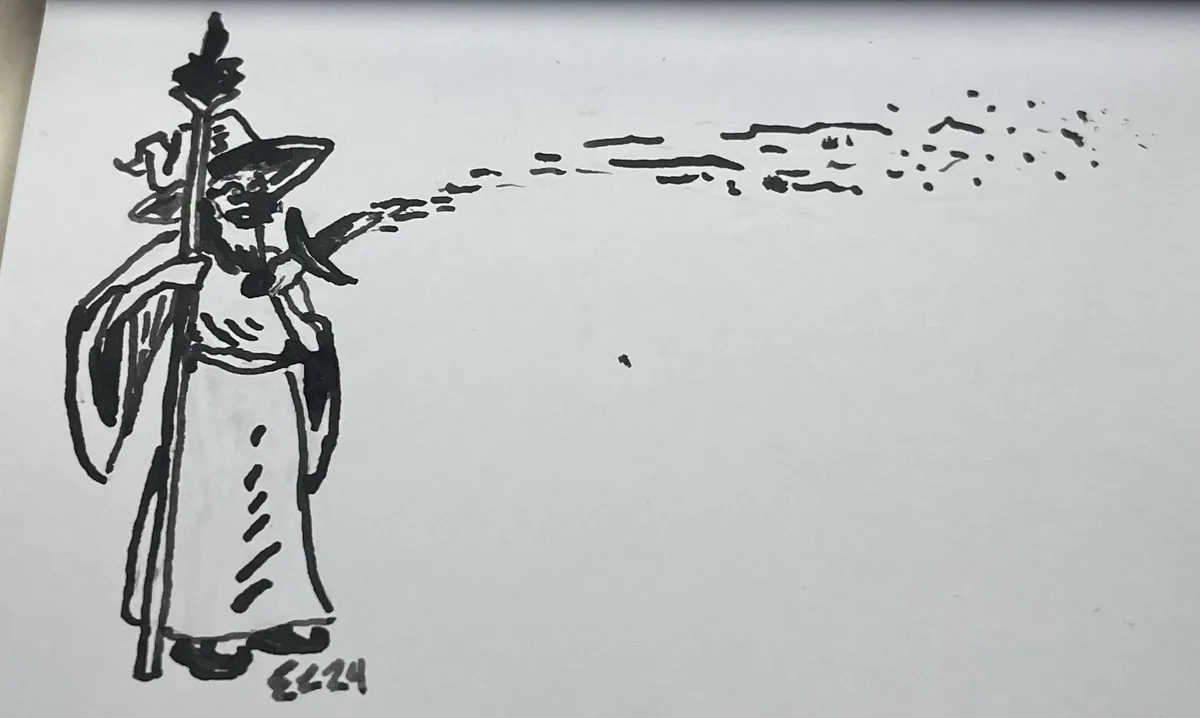 A black-and-white ink drawing shows a wizard in a robe and hat, holding a staff, with a stream of ink-like dots shooting…