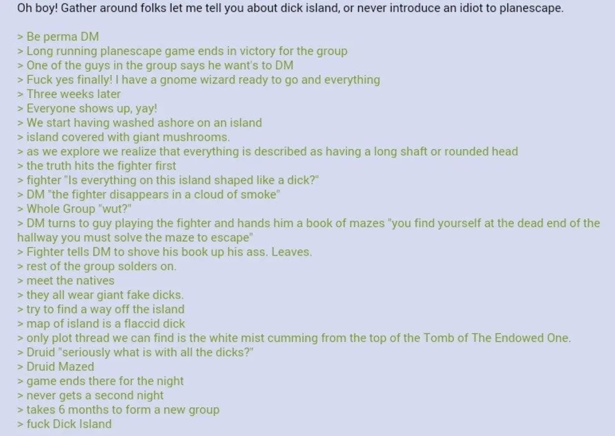A light purple background displays a green text-based narrative detailing a Dungeons & Dragons campaign gone wrong. The…