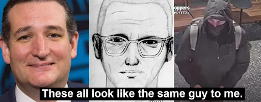 The image displays three side-by-side photos: a smiling man in a suit, a sketch of a man with glasses, and a grainy…