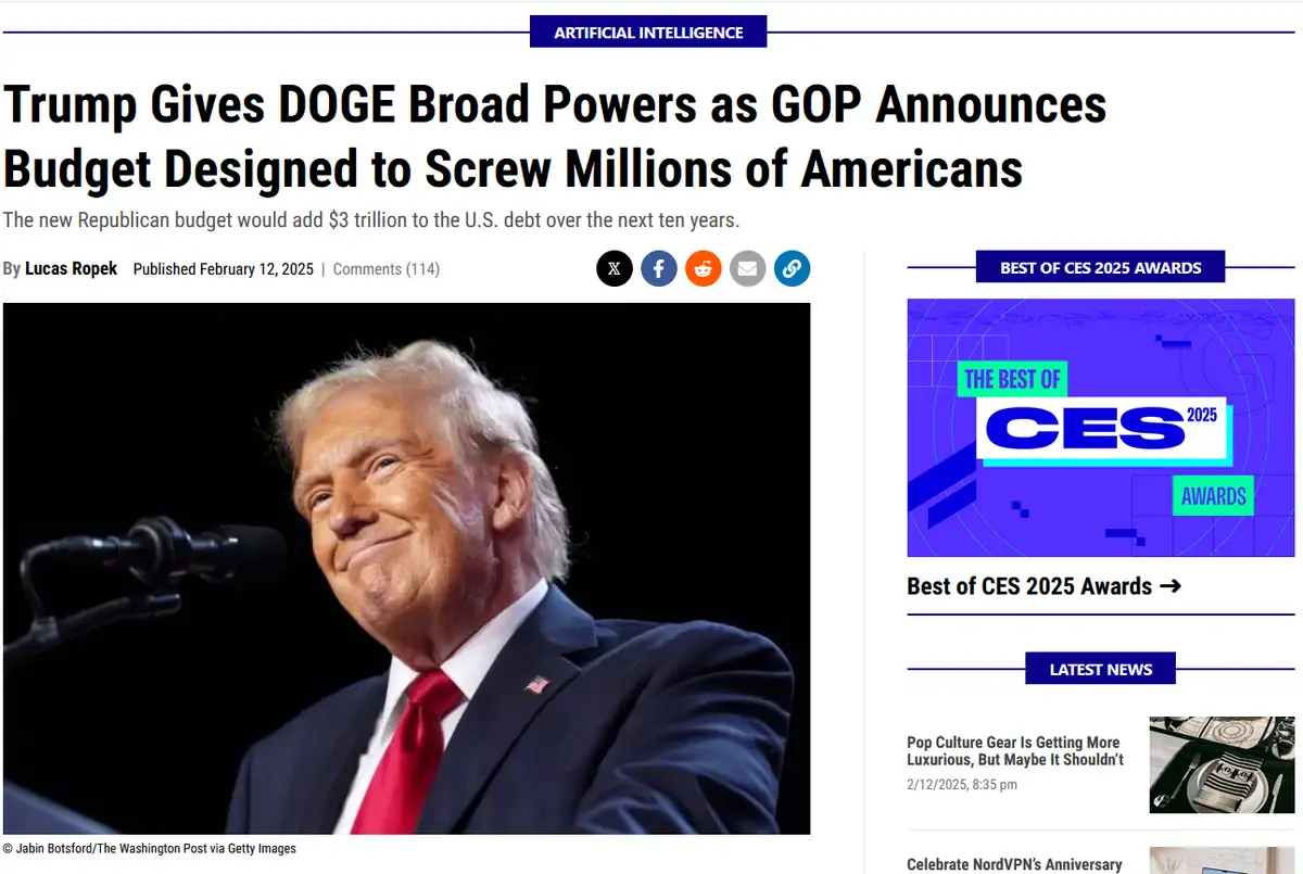 A satirical news article screenshot shows a smiling Donald Trump at a podium, with the headline 'Trump Gives DOGE Broad…